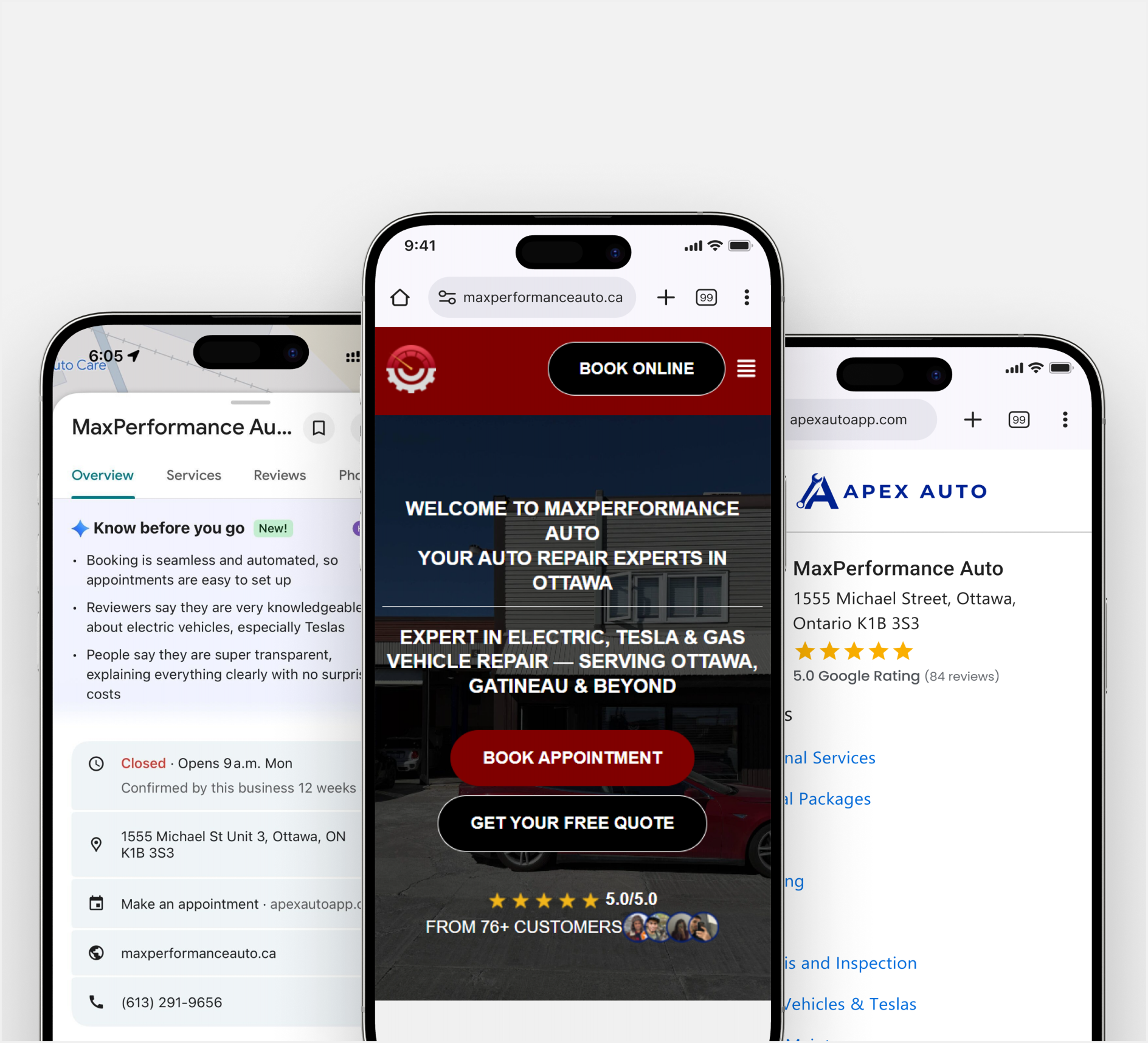 MaxPerformance Auto on website, Google Business profile and booking page on phones